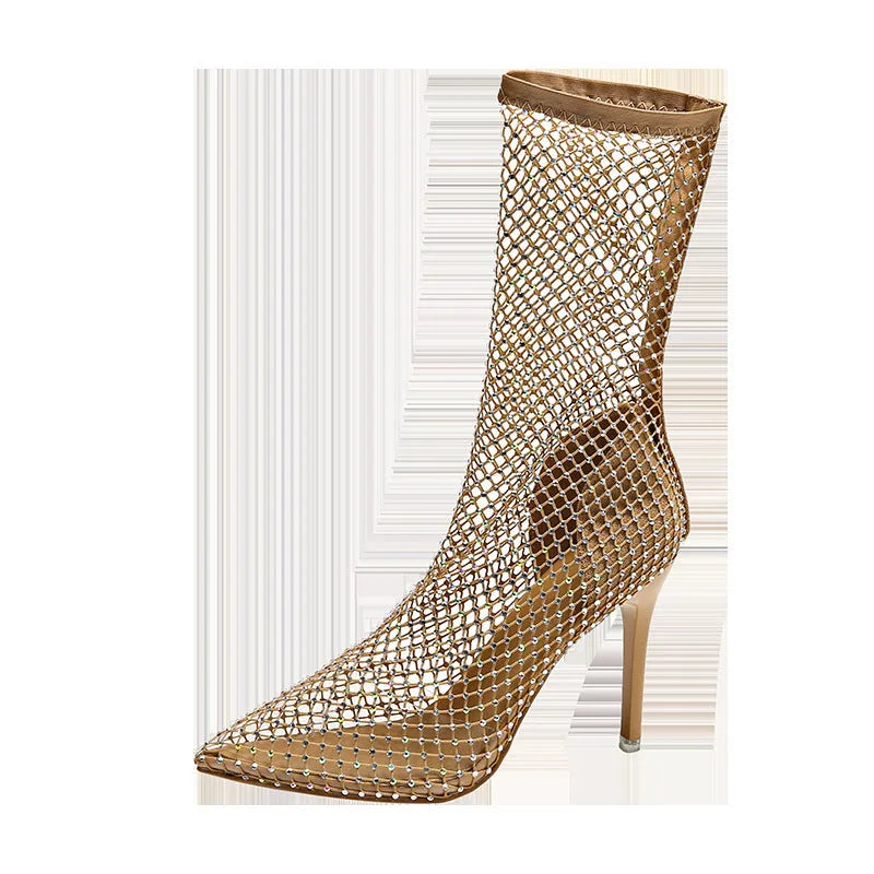 Gold mesh pointed toe stiletto high heel sandals with an oversleeves design on a rubber sole.