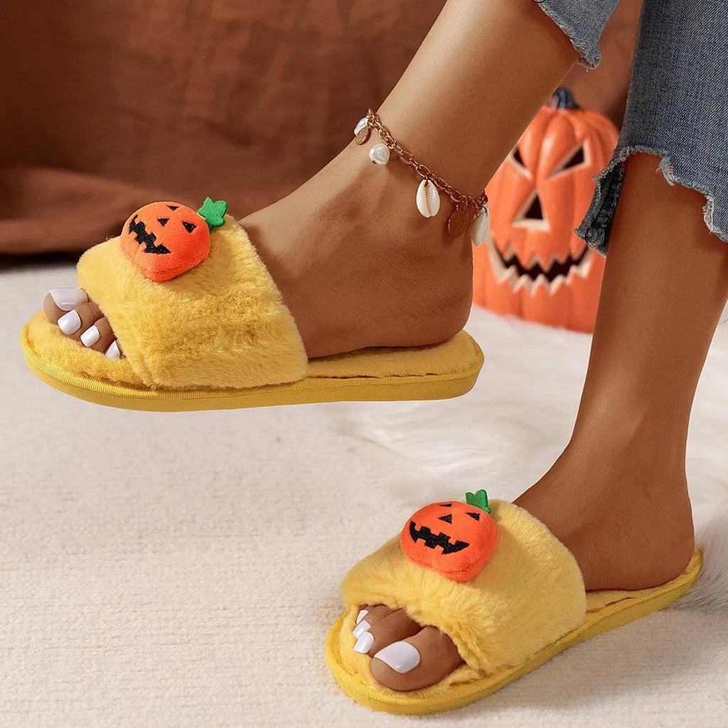 Yellow and white Halloween pumpkin cartoon design plush open-toe slippers with synthetic fur