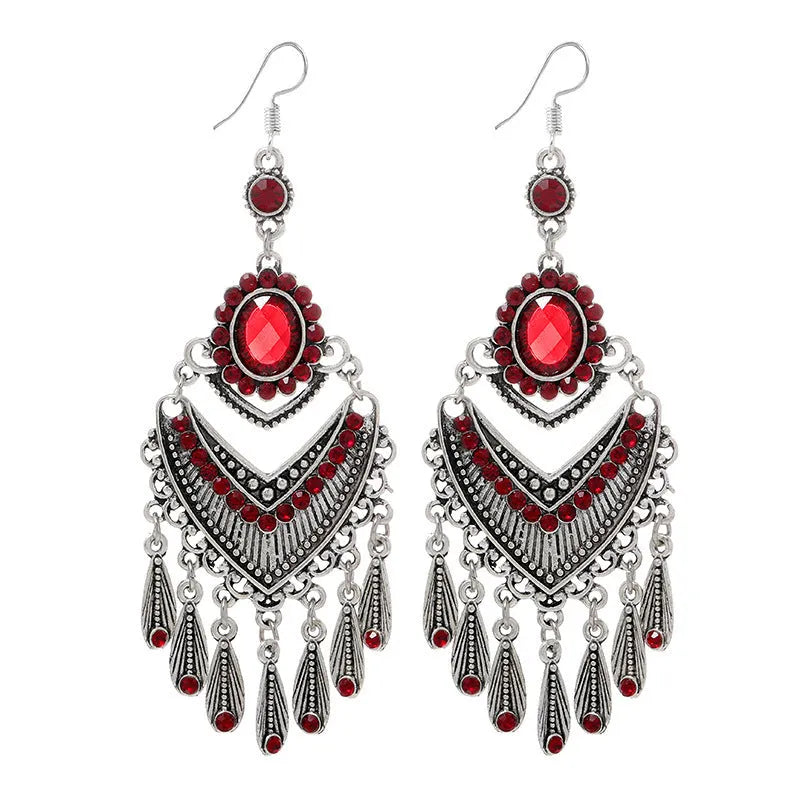 Purple retro drop earrings with dangling crystal fringe elements and ethnic style detailing
