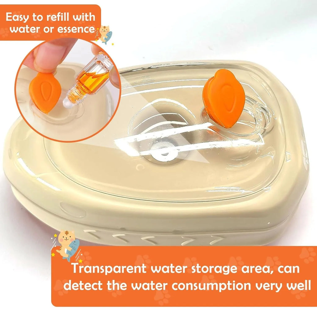 Yellow 4-in-1 cat steam brush with water tank, silicone bristles, and UV detection lamp.