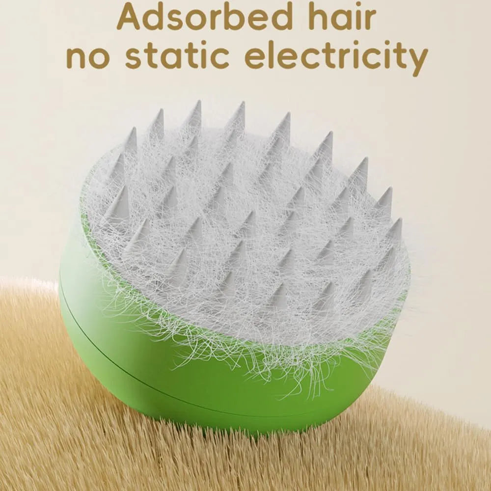 Green and yellow rechargeable 3-in-1 cat steam brush for removing tangled hair
