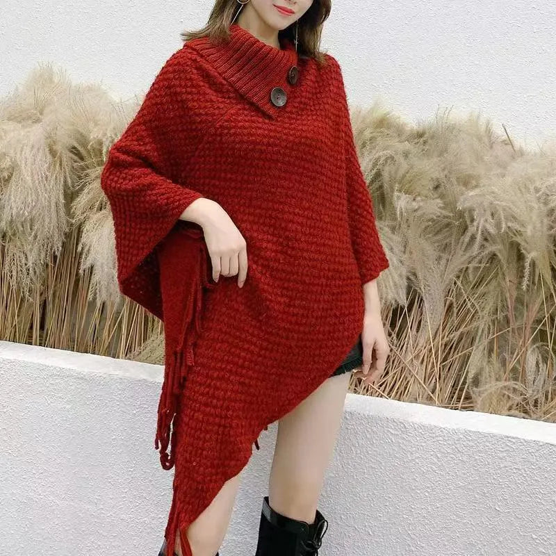 Women's triangle shawl cape in cashmere-acrylic blend with tassel detailing and plush texture