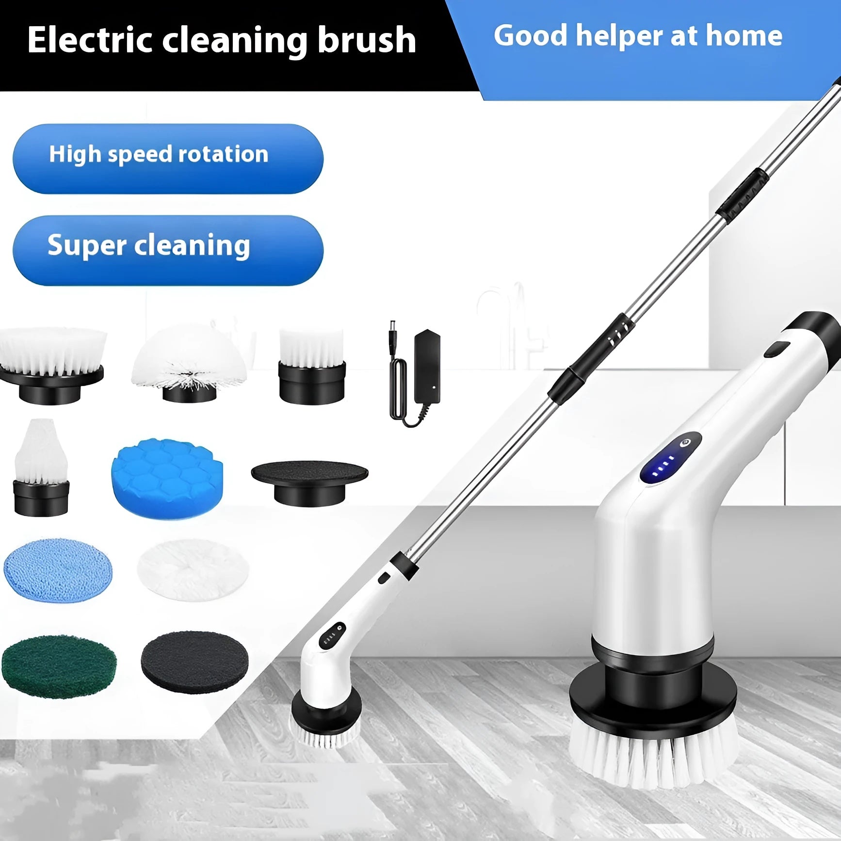 White rechargeable handheld cleaning brush with multiple plug options