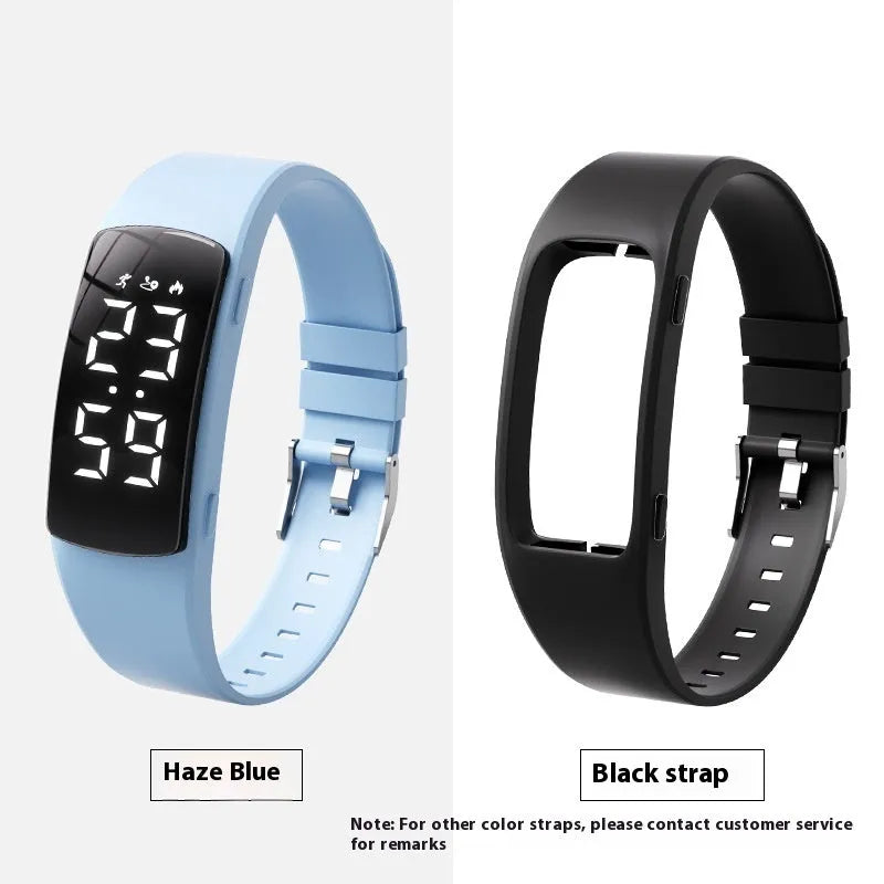 Vibration alarm smart watch with LED display on a silicone strap, shown in a choice of colours.