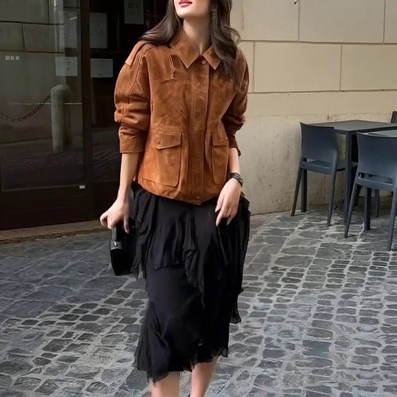 Women's brown suede coat with regular sleeves in street-chic style, showing polyester construction
