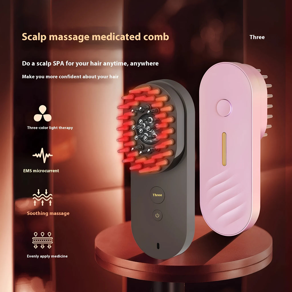 Pink and black smart massage comb with red light therapy for head care under 10cm