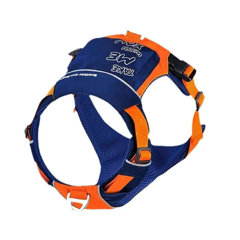 Orange blue nylon vest-style dog harness on a medium-sized dog.