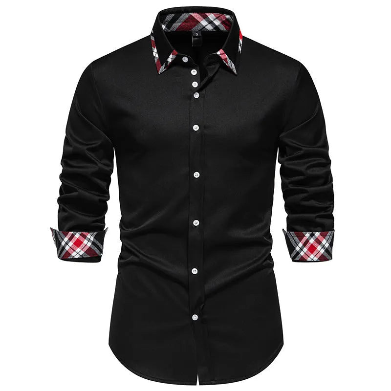 Men's plaid long sleeve shirt with triangle collar in blue, black or white colour options