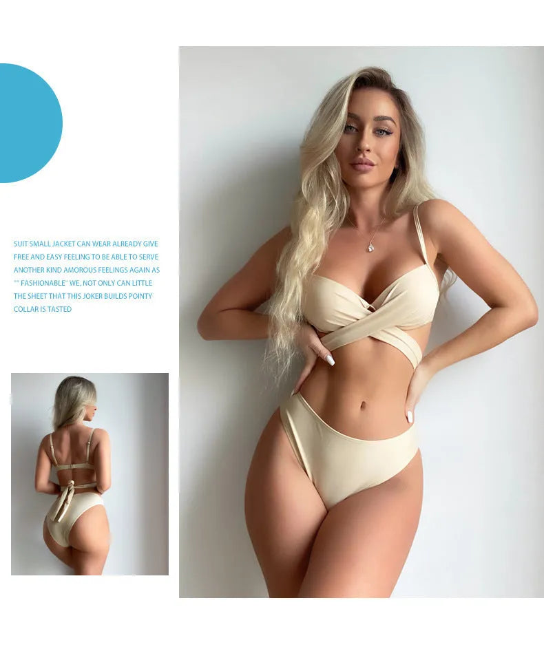Sexy three-piece backless push-up bikini set in white with matching skirt