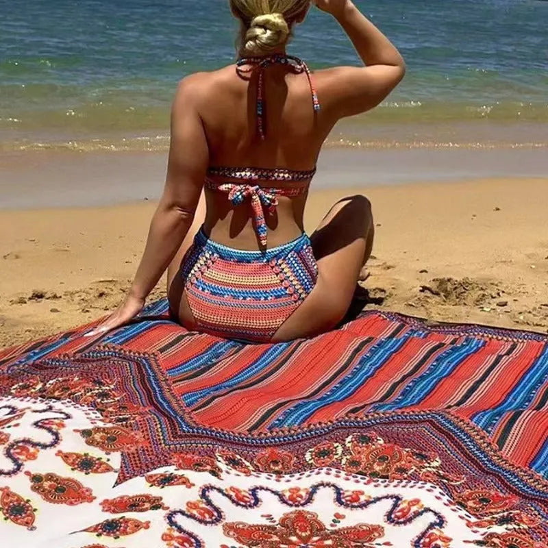 Women's three-piece polyester swimsuit set with a cutout blouse and high-waist briefs in the pictured colour.