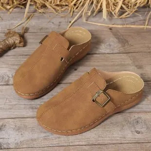 Women's casual wedge slippers in light brown with cloth upper and rubber sole