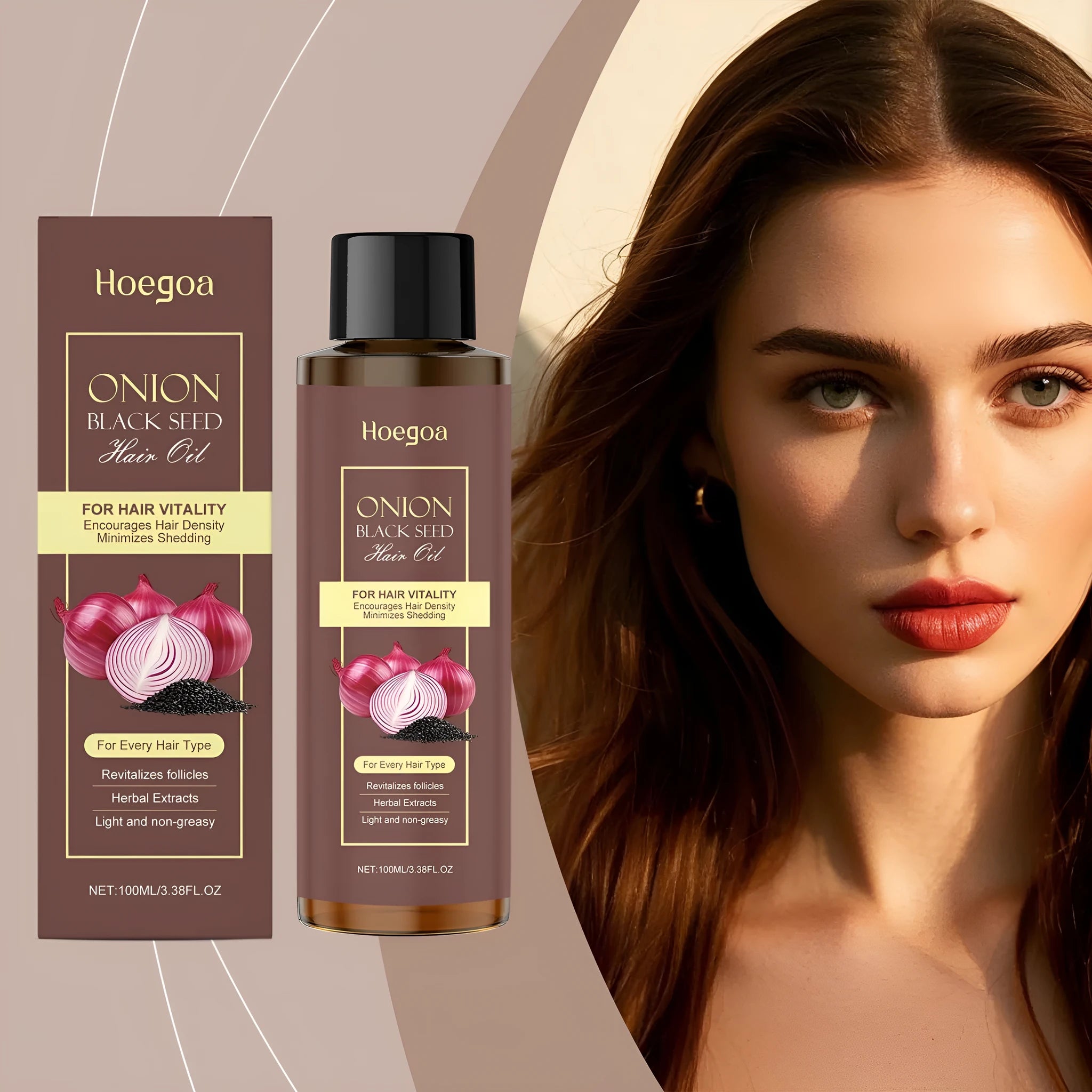 100ml bottle of nourishing hair care essential oil with applicator accessory on a box