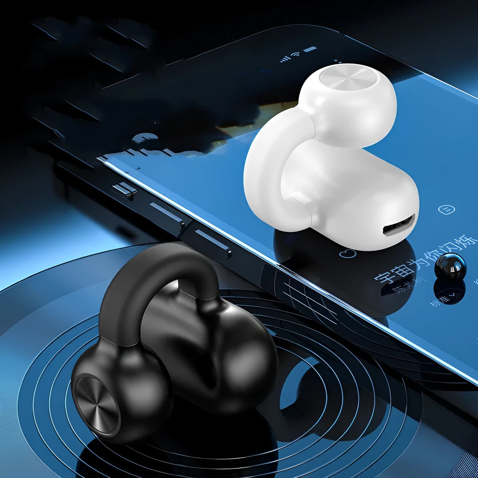 Black wireless Bluetooth clip-on headset with bone conduction technology for exercise