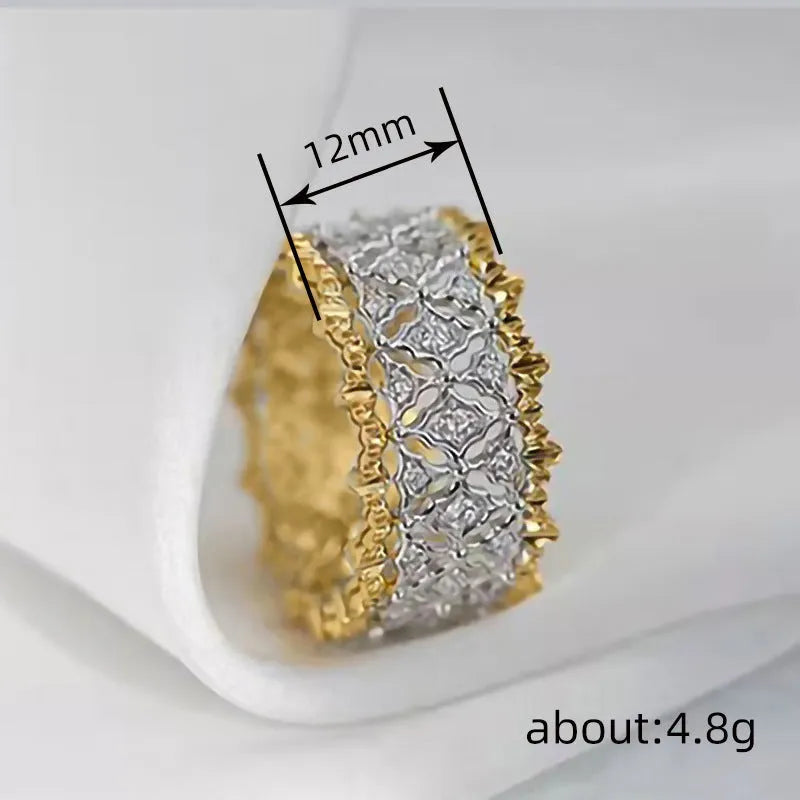Two-tone gold geometric ring with round zircon on electroplated copper