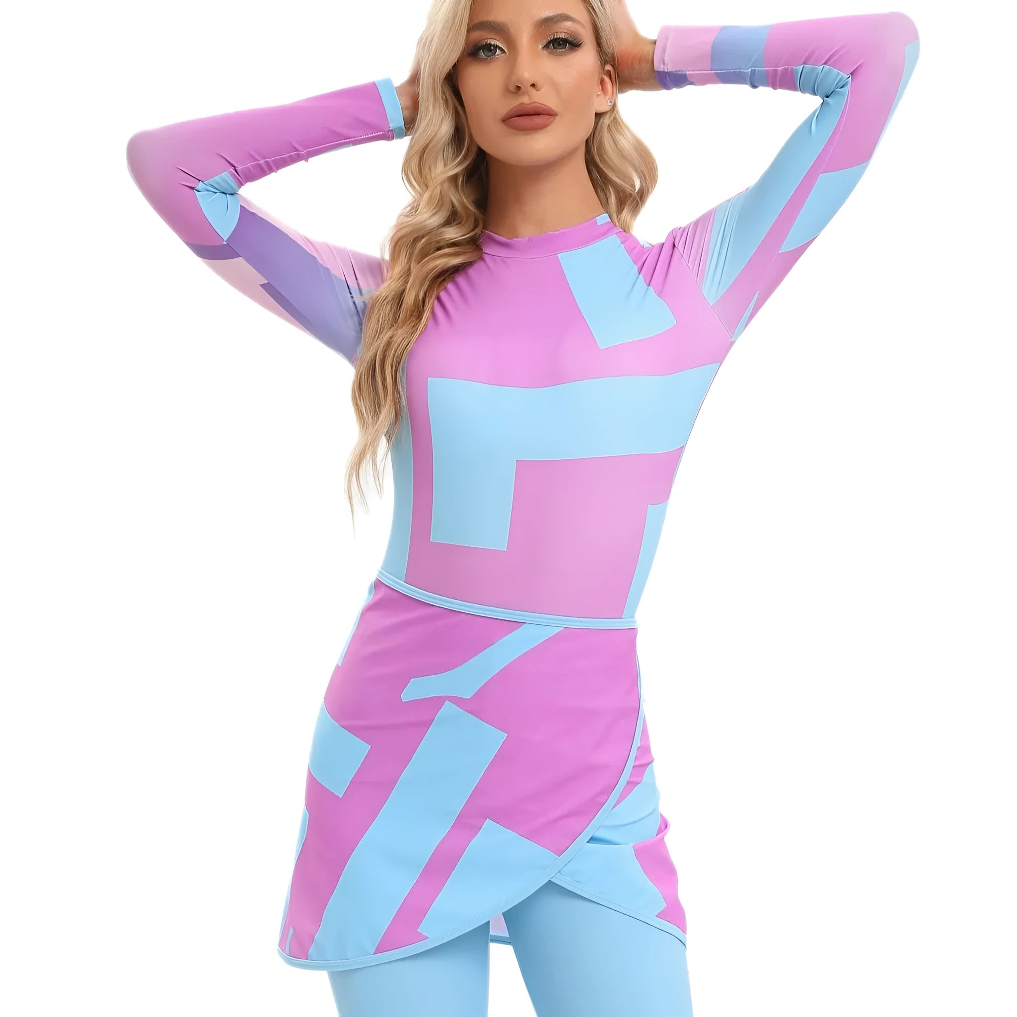 Conservative Muslim swimsuit three-piece set with apron in Sapphire, Letter, or Foam colour.