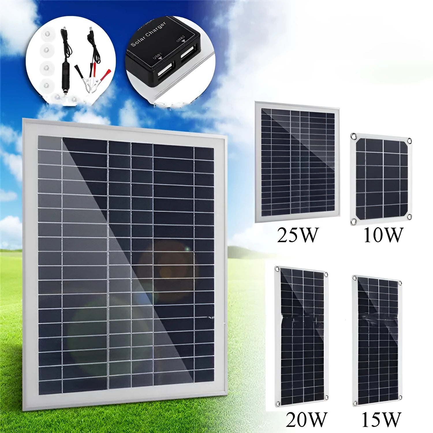 Polysilicon solar panel with dual USB ports for outdoor charging of phones and tablets