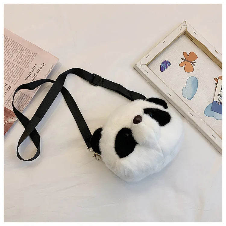 Plush panda head crossbody shoulder bag with cylindrical shape and sandwich pocket
