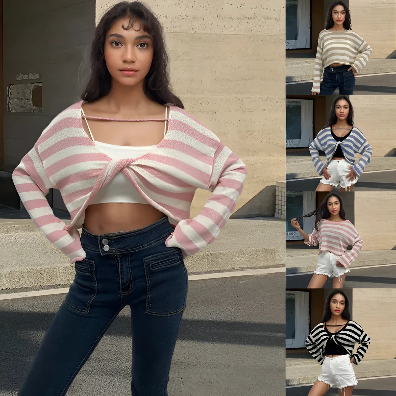 A striped long-sleeved pullover sweater with a cropped front and back design, shown in a selected colour.