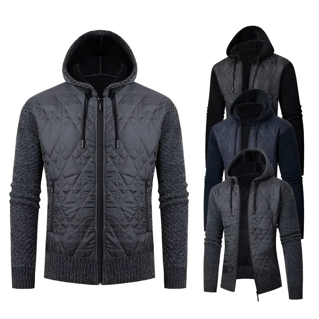 Men's grey hooded corduroy sweater coat with cinched waist and wool composition