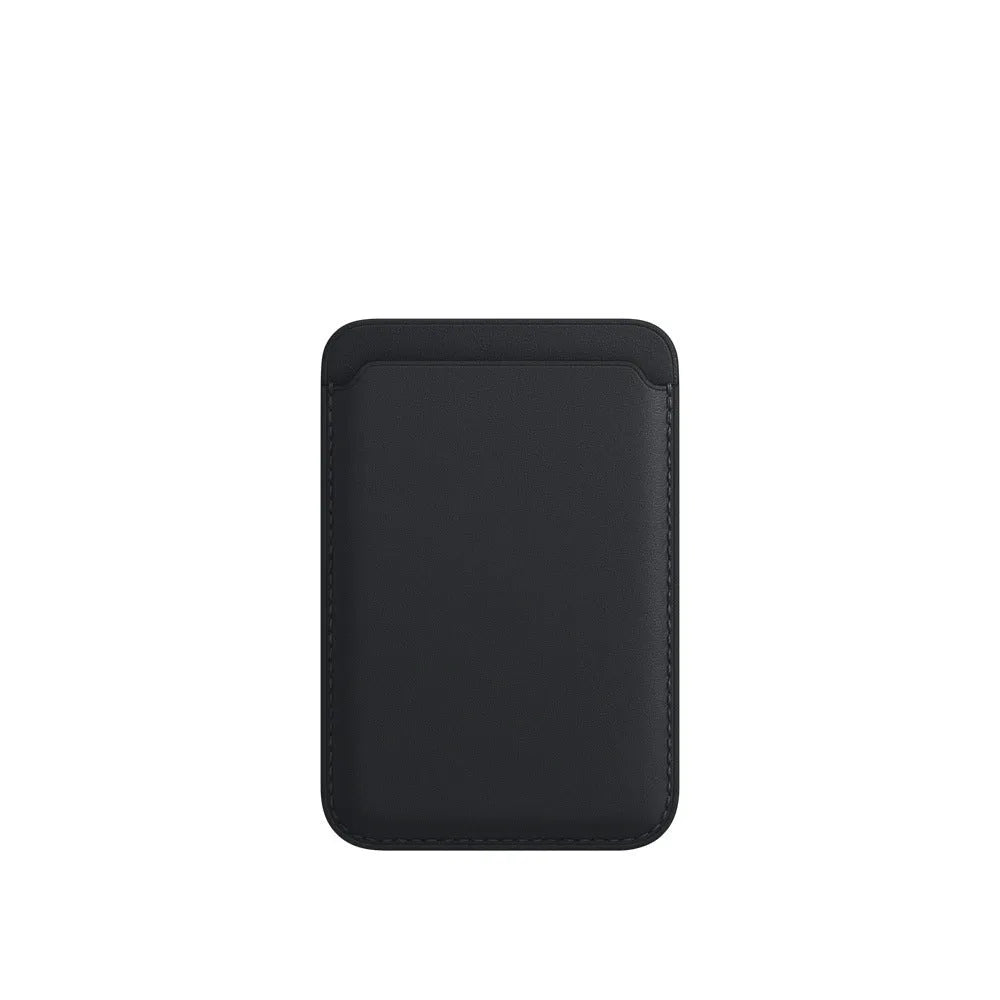 Black PU leather magnetic card holder case attached to the back of an iPhone
