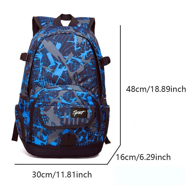 Classic blue nylon backpack with large capacity for travel and school use