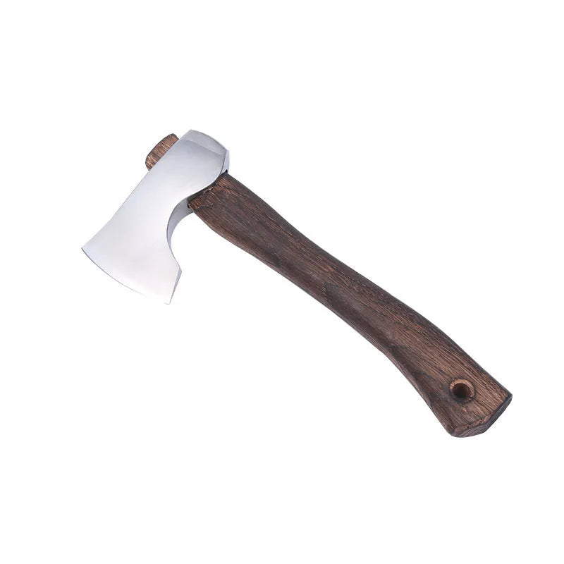 Camping axe with high carbon steel head and wooden handle showing 250mm length dimensions