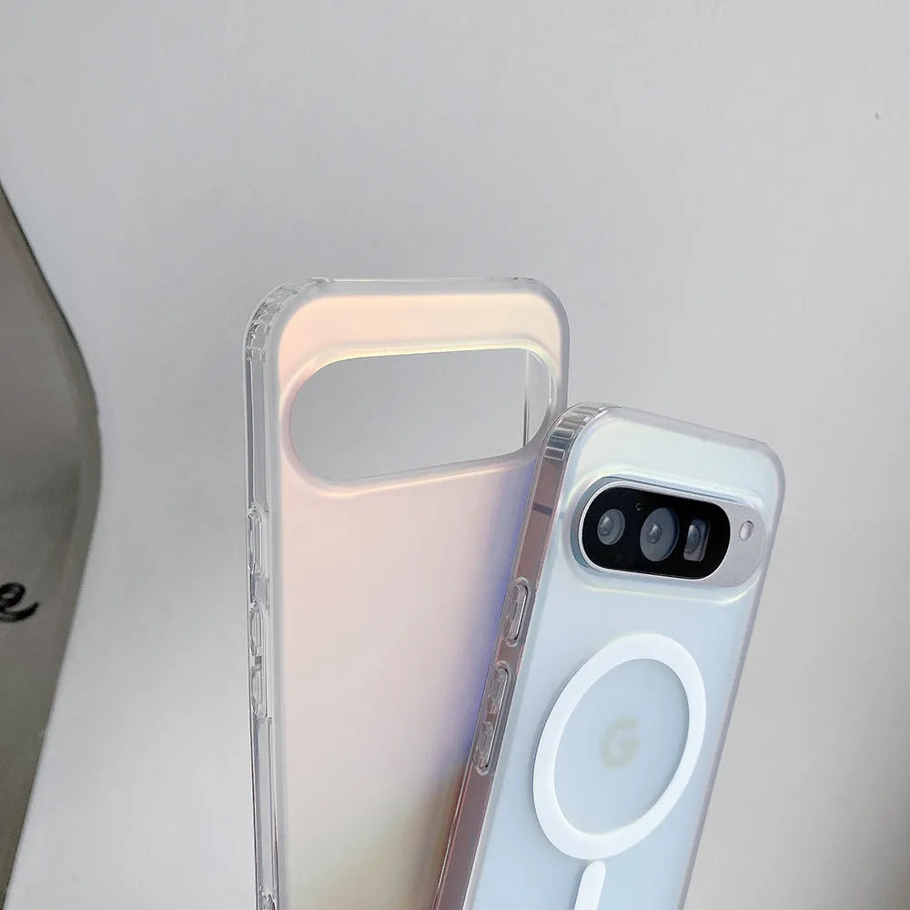 Transparent colourful frosted laser phone case for Google Pixel smartphones on a table.