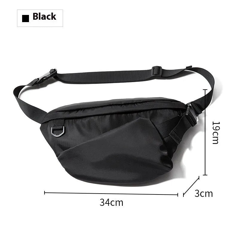 Black men's slanted chest bag made from Oxford fabric with 8-inch capacity and sewing line details