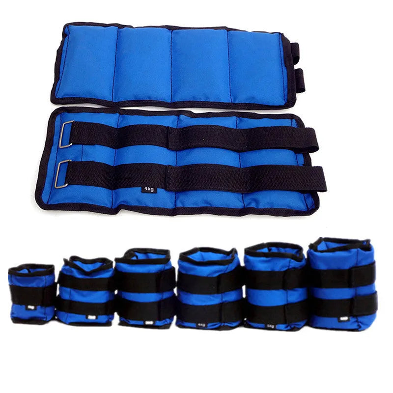 A pair of Oxford cloth legging sandbags for track and field running, showing adjustable weight options.