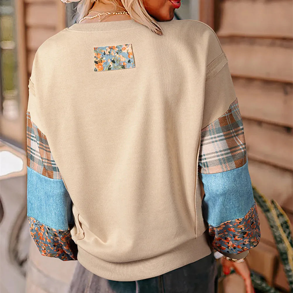 Women's beige and red plaid stitching long-sleeved loose fit casual pullover top.