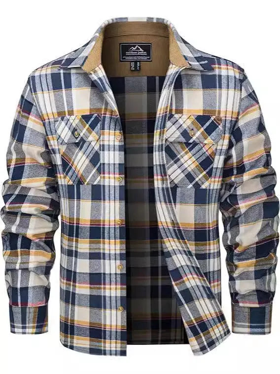 Men's plaid flannel casual button shirt in cardigan style for autumn and winter wear