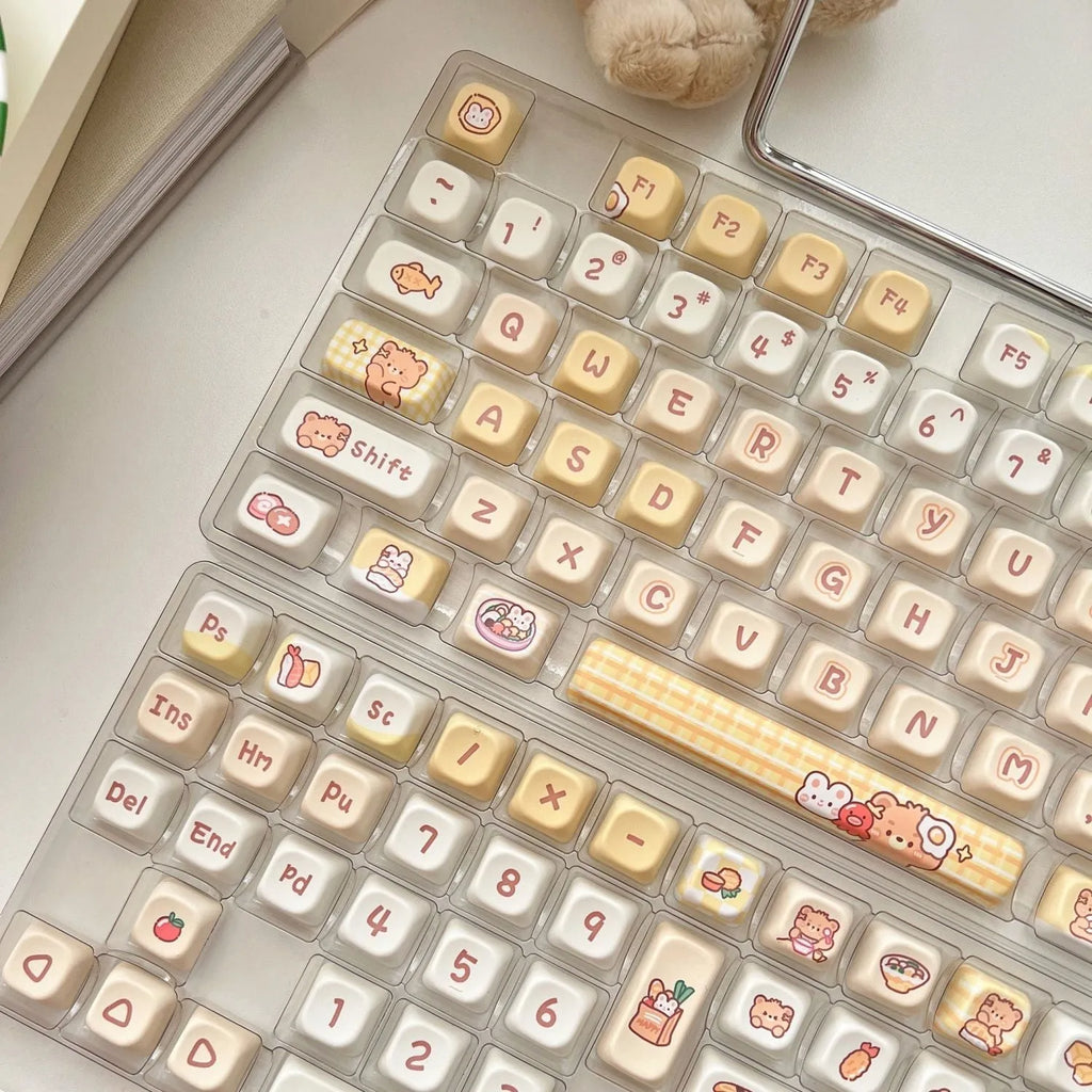 Set of 140 white PBT keycaps with colourful rabbit and bear restaurant theme, showing EOA height profile.