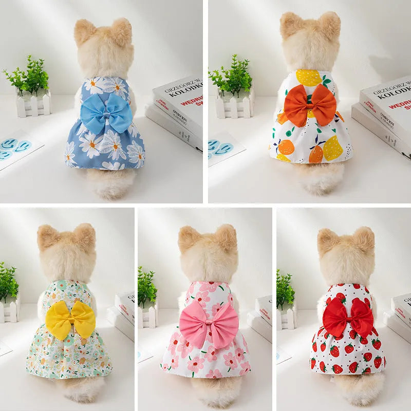 Ultra-thin polyester pet dress with floral butterfly design and adjustable bow knot for dogs and cats