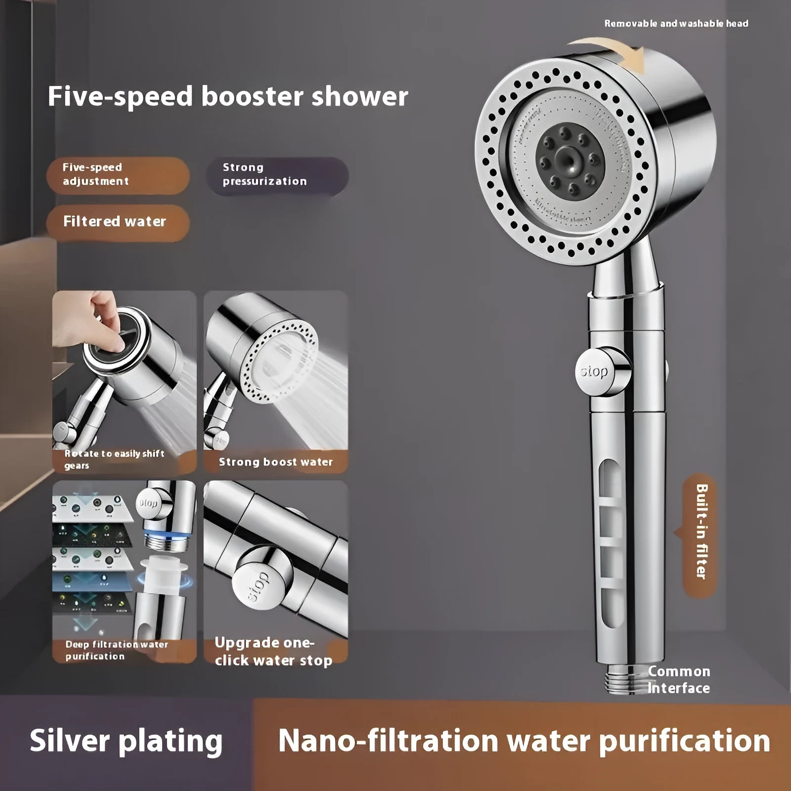 Silver portable shower head with multiple spray functions on a chrome-plated plastic body.