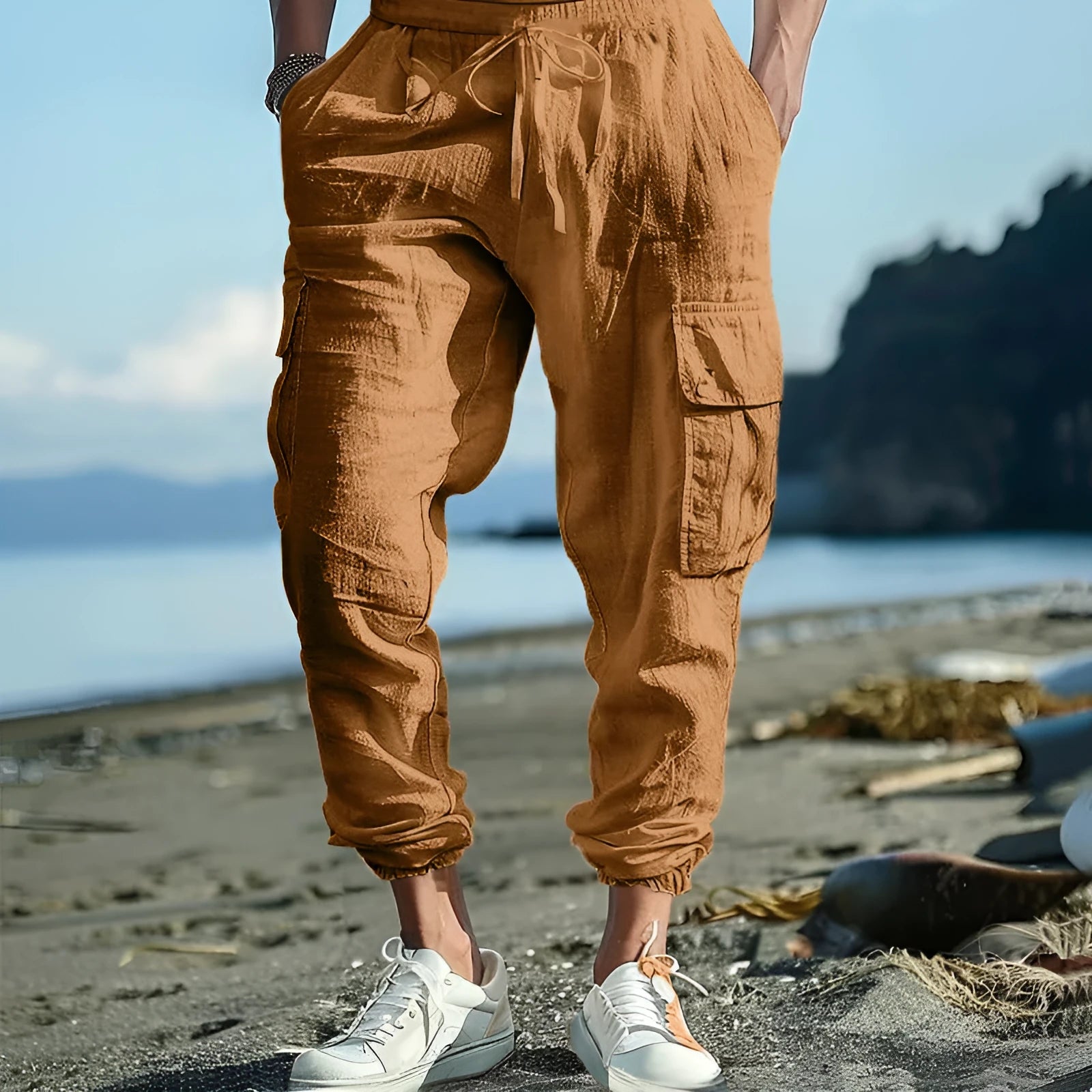 Men's linen casual trousers with drawstring waist and ankle-tied cuffs in solid colours