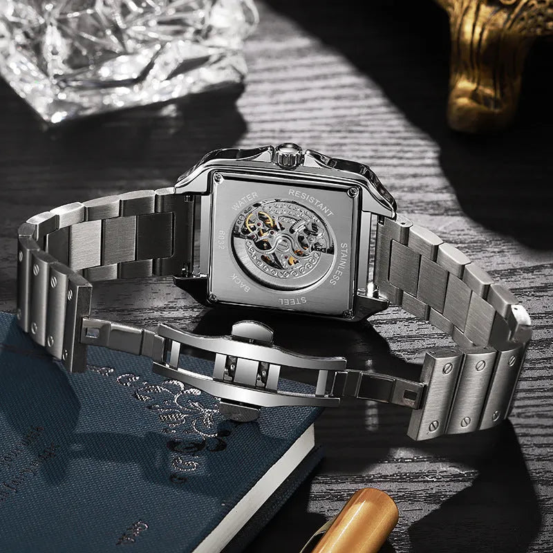 Men's square automatic watch with diamond-studded bezel on steel or leather strap