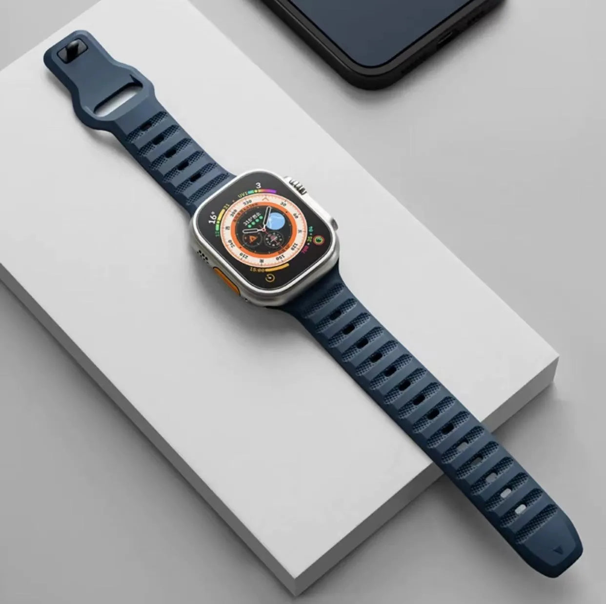Fluoro rubber watch strap with T-buckle for Apple Watch Ultra and Series 1-8 models in multiple colours.