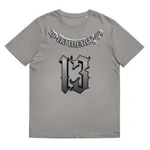 A loose-fitting grey cotton T-shirt with short sleeves and a round neck on a hanger