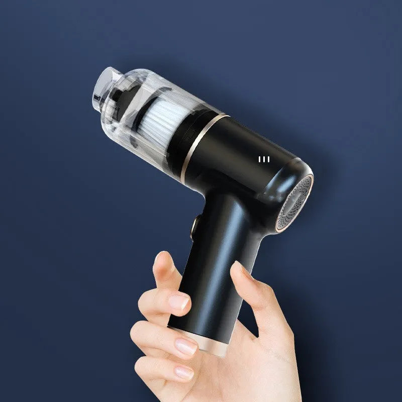 Black wireless handheld car and home vacuum cleaner with multiple nozzle attachments