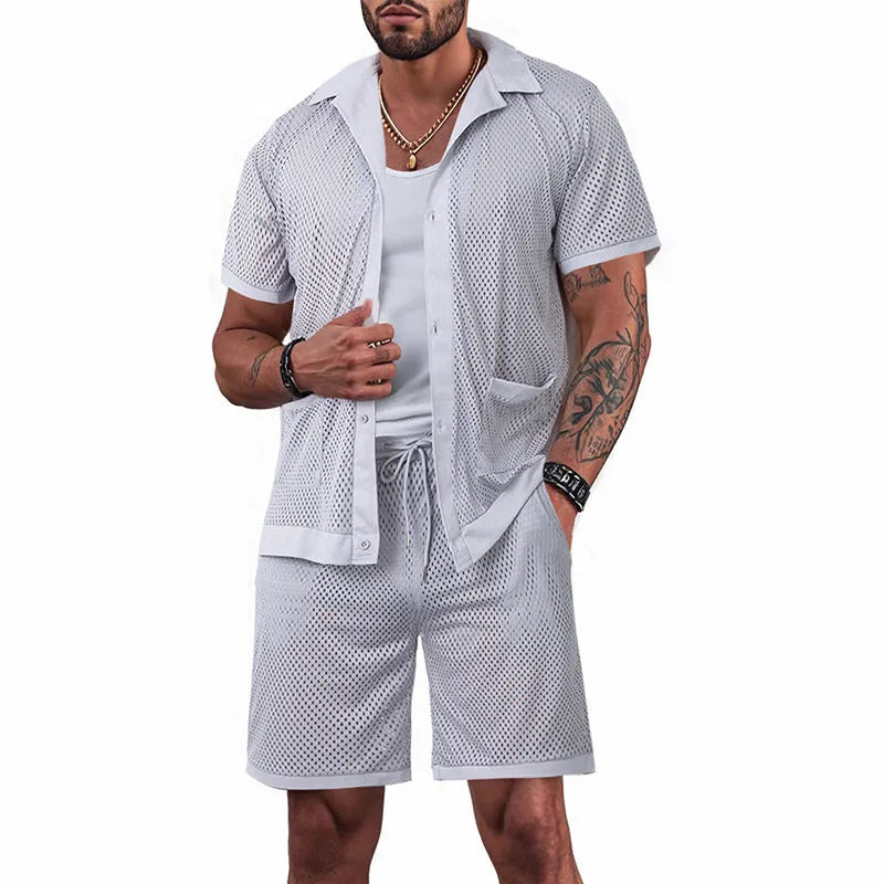 Women's thin polyester beach shorts suit with a see-through cardigan and matching shorts in lake blue.