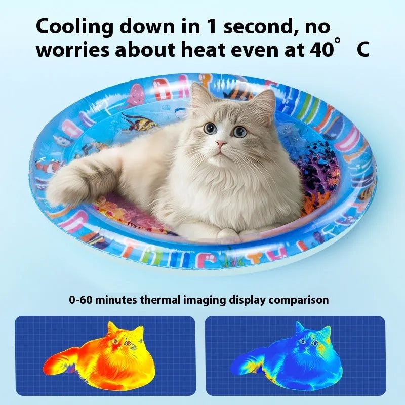 PVC inflatable pet water cooling mattress showing underwater world design for dogs