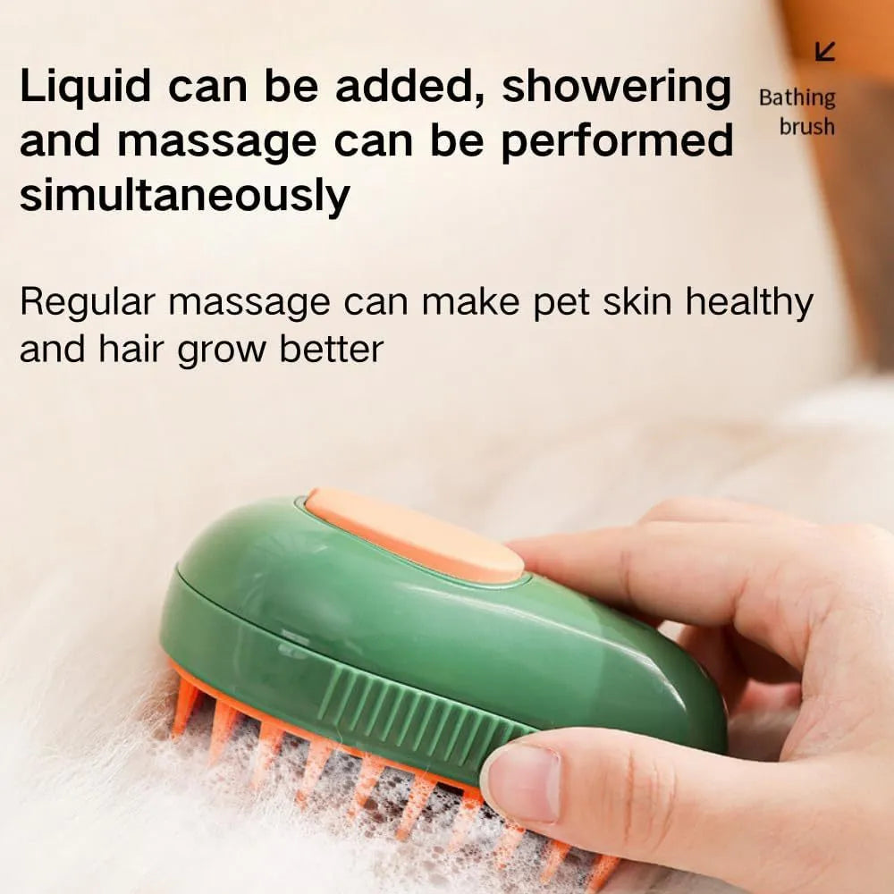 Green and white cat steam brush with water reservoir and silicone grooming teeth
