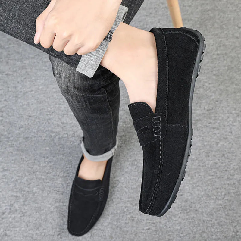 Men's suede slip-on loafers in solid colours with round toe and rubber sole