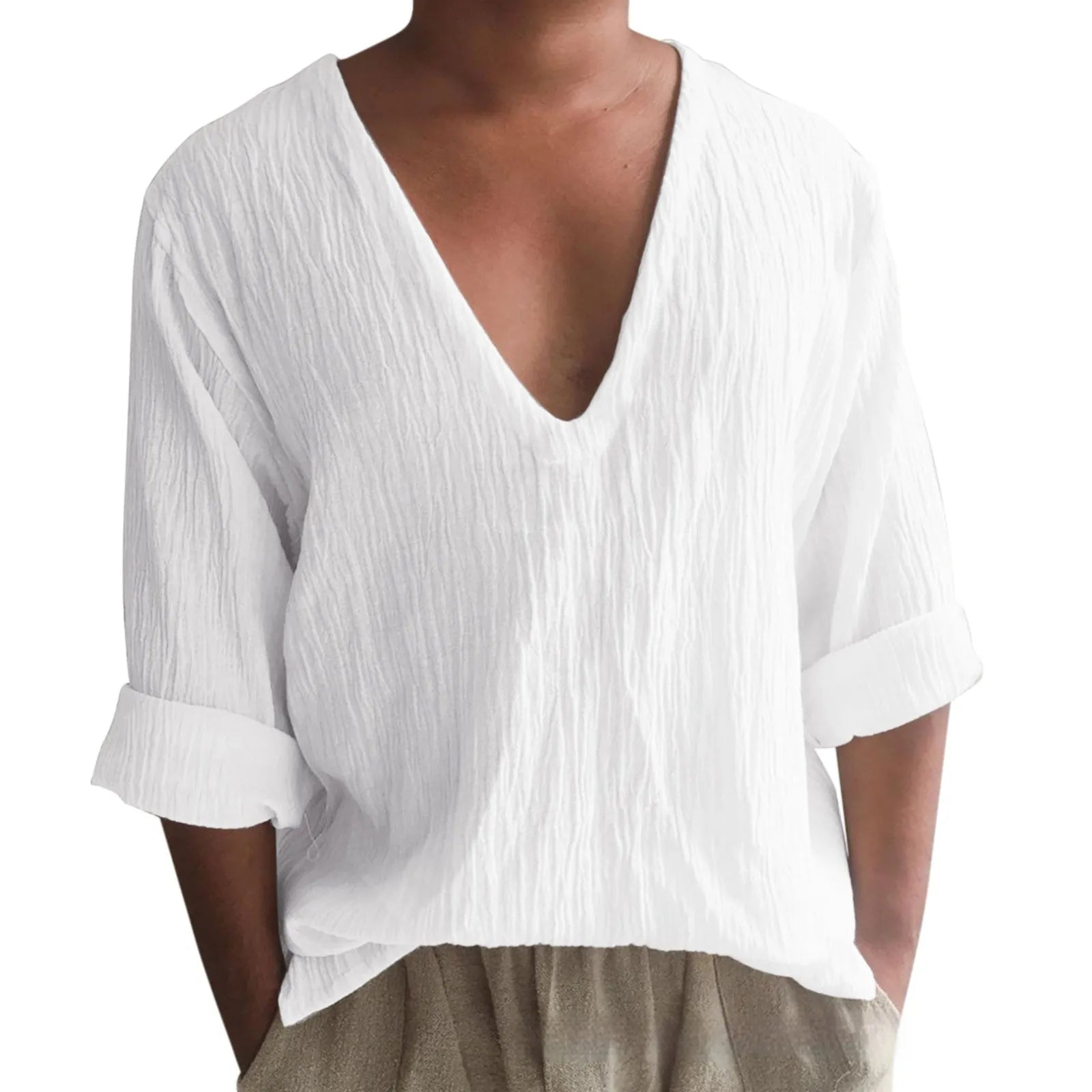 Men's long sleeve V-neck washed cotton t-shirt in solid colour British style pullover design