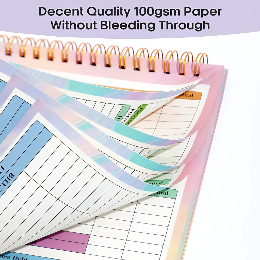 B5 spiral-bound budget notebook with a blue PP plastic cover, open to show lined pages for income and expenditure tracking.