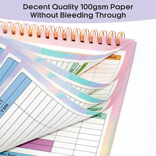 B5 spiral-bound budget notebook with a blue PP plastic cover, open to show lined pages for income and expenditure tracking.