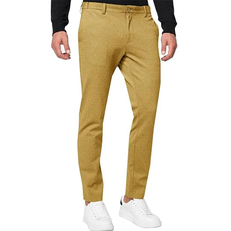 Men's slim-fit tapered chino trousers in solid colour with mid-waist design