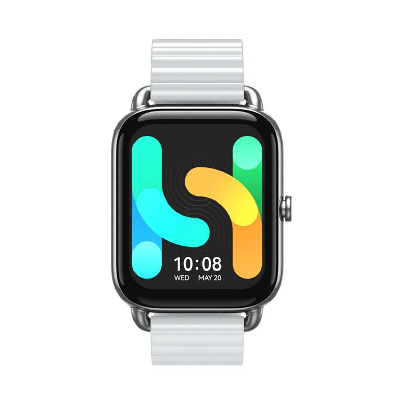 HAYLOU RS4 Plus smartwatch in black, silver, or champagne with AMOLED screen and silicone strap.