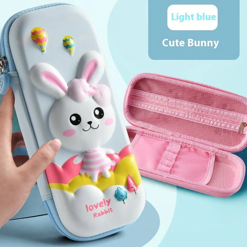 3D leather pencil case in a box shape showing one of the available design options such as a spaceship or unicorn
