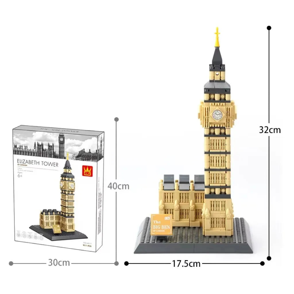Wange plastic building block set with over 800 pieces for constructing landmark models including Big Ben and the Statue of Liberty.